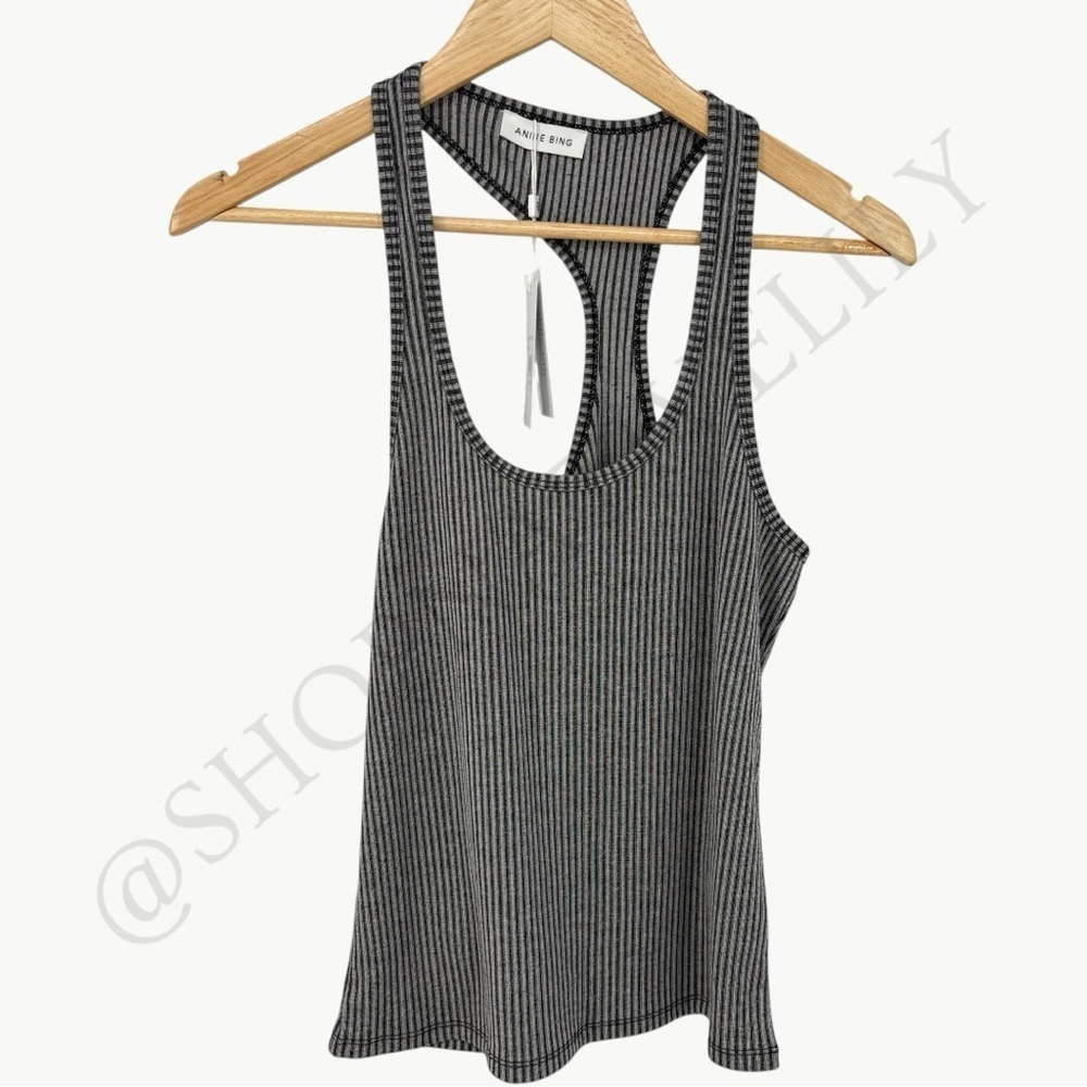 Anine Bing Kristen Asymmetrical Ribbed Tank Sz Medium Black Stretch Minimal NWT - Picture 2 of 11